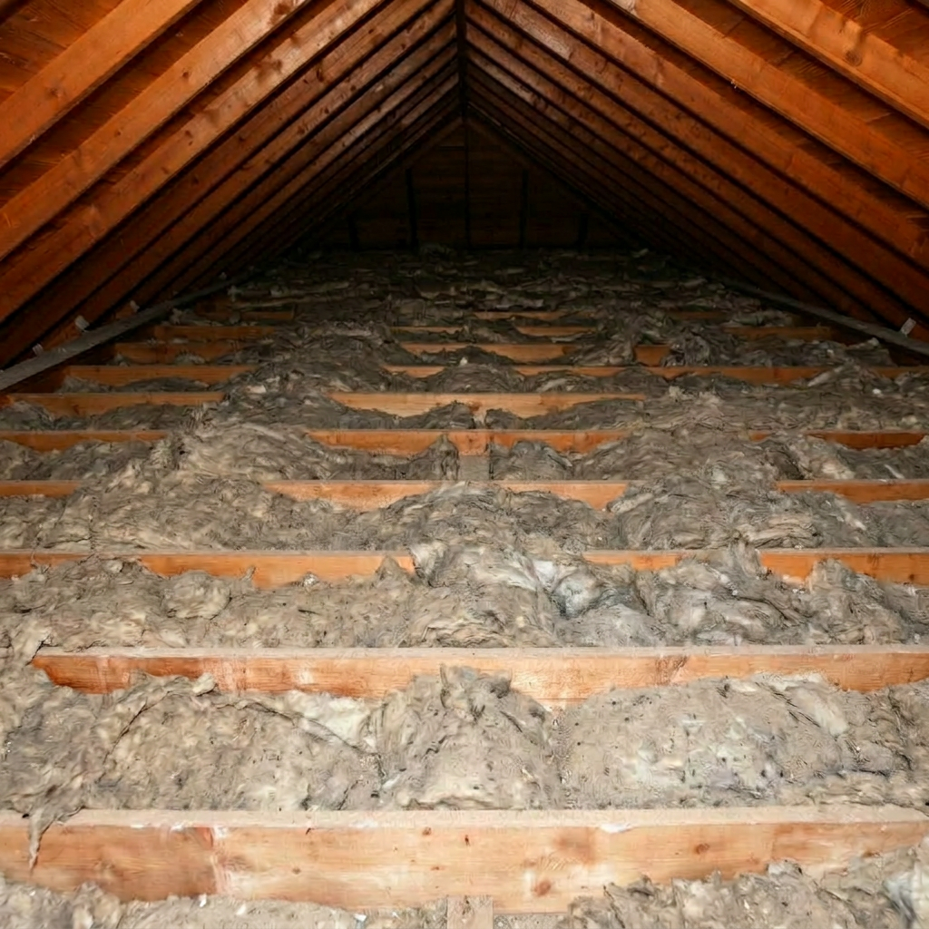 Attic with old contaminated insulation before removal