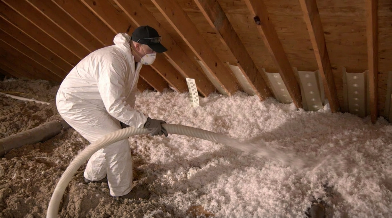 Blown-in insulation being installed
