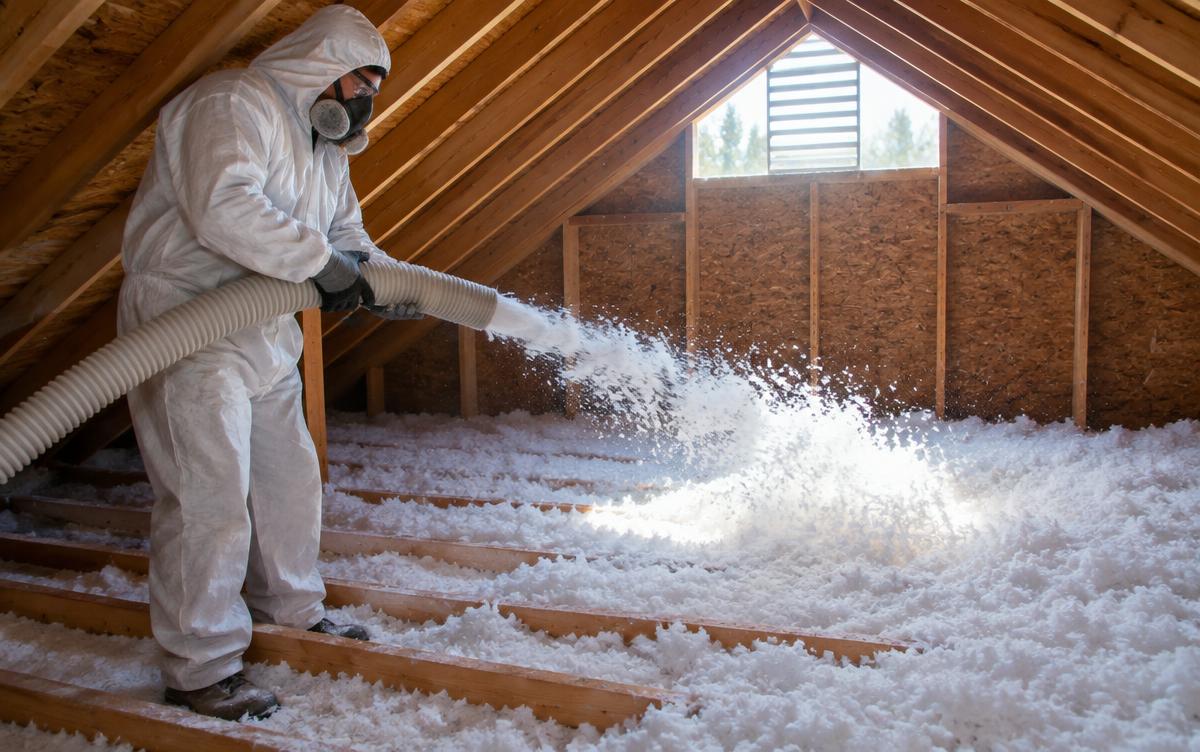 Installer in a protective suit blowing loose-fill insulation across an attic floor between wood joists