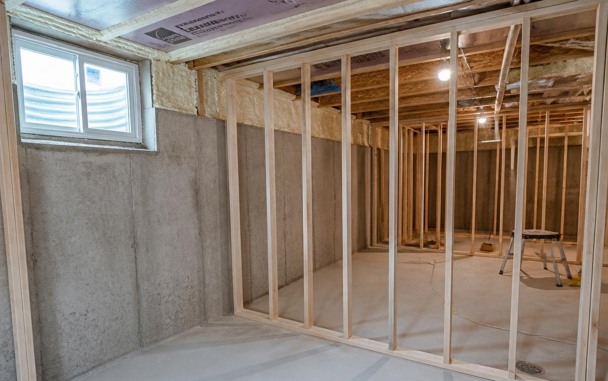 Unfinished Metro Atlanta basement during a remodel with new wood stud framing against poured concrete foundation walls and spray foam applied at the rim joist