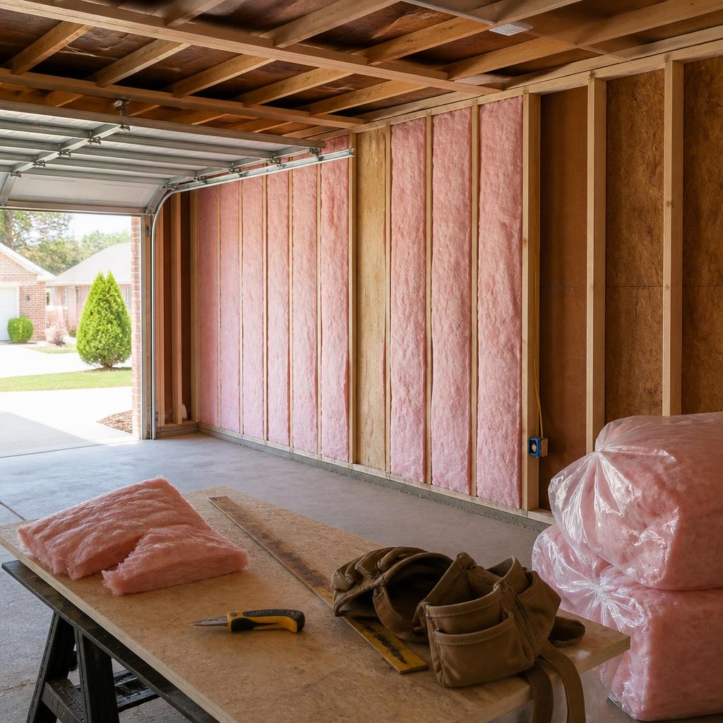 Residential attached garage in Metro Atlanta with pink fiberglass batt insulation being installed between exposed wall studs and work tools in the foreground