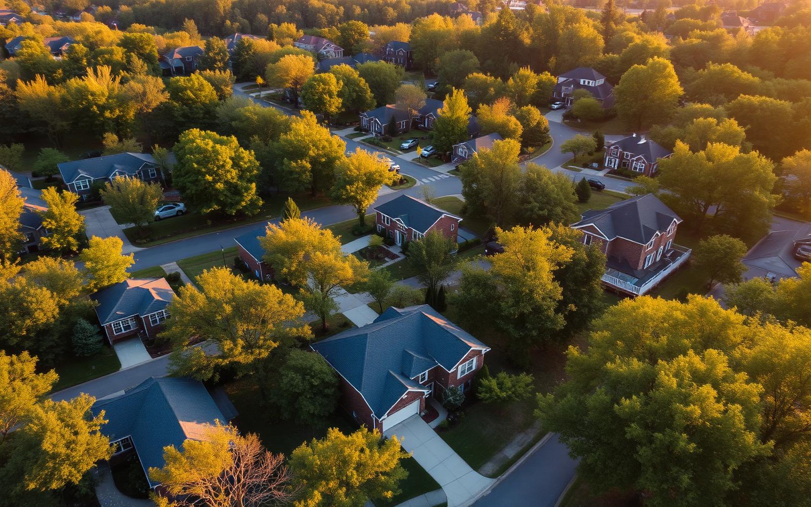 Aerial view of a Metro Atlanta neighborhood at golden hour with 1970s ranch homes and newer two-story brick houses side by side