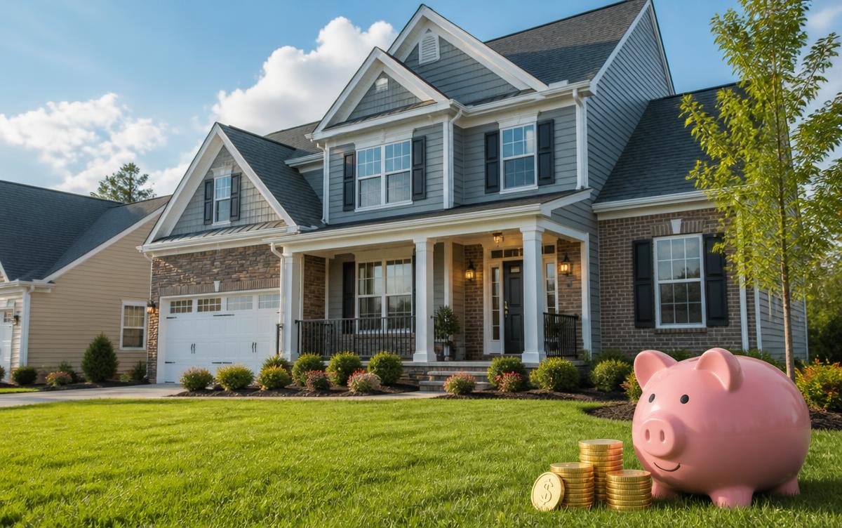 Suburban Suwanee home with a piggy bank and gold coins on the lawn, representing home sale savings and energy efficiency value